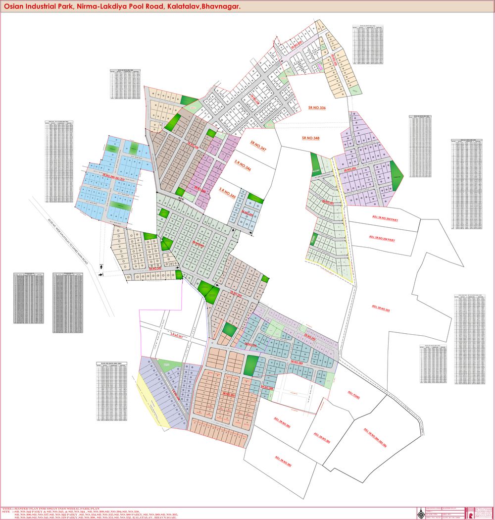 Master plan of Ocean Industrial Park showing colour-coded sectors of plots, internal roads and common plots