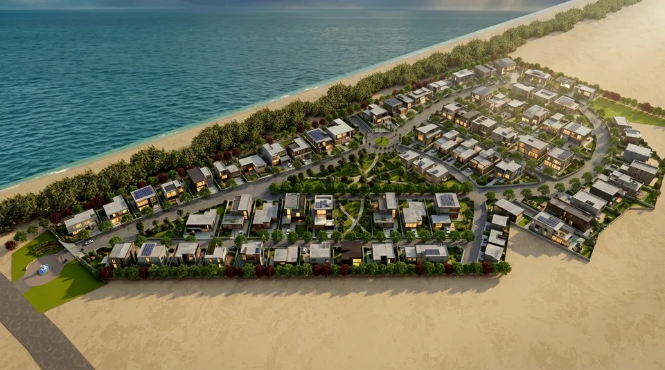 Aerial render of the Ocean Bay Villas seafront estate by Shivanand Group